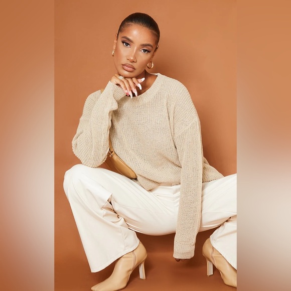 New Pretty Little Thing Taupe Basic Knit Crewneck Jumper - Picture 1 of 6